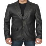 Two Buttons Notch Lapel Black Leather Blazer For Men - Image 6