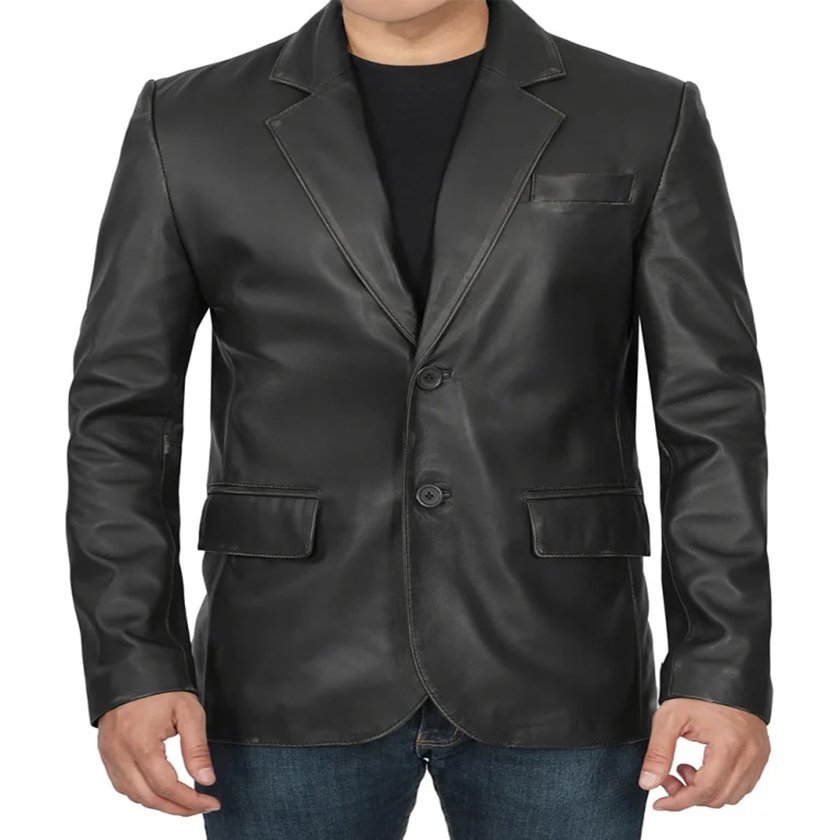 2 Button Notch Lapel Black Leather Blazer Jacket For Men (3) Two Buttons Notch Lapel Black Leather Blazer For Men - Image 1
