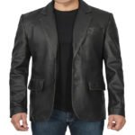 Two Buttons Notch Lapel Black Leather Blazer For Men - Image 2