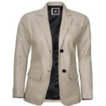 Women’s Two Button Notch Lapel Beige Leather Blazer - Image 2