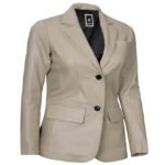 Women’s Two Button Notch Lapel Beige Leather Blazer - Image 3