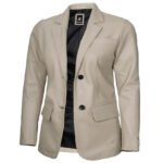 Women’s Two Button Notch Lapel Beige Leather Blazer - Image 5