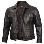 Brown Leather Trucker Jacket For Men - Image 3