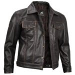 Brown Leather Trucker Jacket For Men - Image 2
