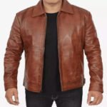 Cognac Collar Leather Jacket - Image 7