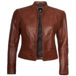 Women’s Cognac Moto Leather Jacket - Image 2