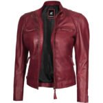 Modern Fit 4 Pockets Women Biker Maroon Leather Jacket - Image 2