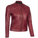 Modern Fit 4 Pockets Women Biker Maroon Leather Jacket - Image 4