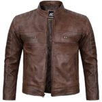 Men Coffee Brown Cafe Racer Jacket - Image 4