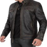 Men Distressed Leather Racer Jacket - Image 3