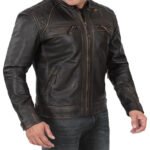 Men Distressed Leather Racer Jacket - Image 8