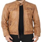 Men’s Camel Brown Leather Jacket - Image 2