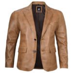 Two Button Camel Brown Leather Blazer For Men - Image 4
