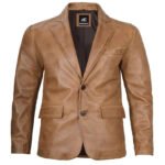 Two Button Camel Brown Leather Blazer For Men