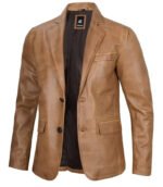 Two Button Camel Brown Leather Blazer For Men - Image 2