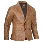 Two Button Camel Brown Leather Blazer For Men - Image 3