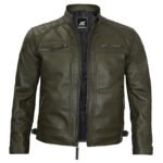 Military Green Leather Jacket | Quilted Pattern - Image 2
