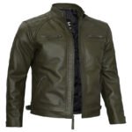 Military Green Leather Jacket | Quilted Pattern - Image 3