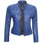 Women’s Blue Biker Racer Leather Jacket – Rev Up Your Style