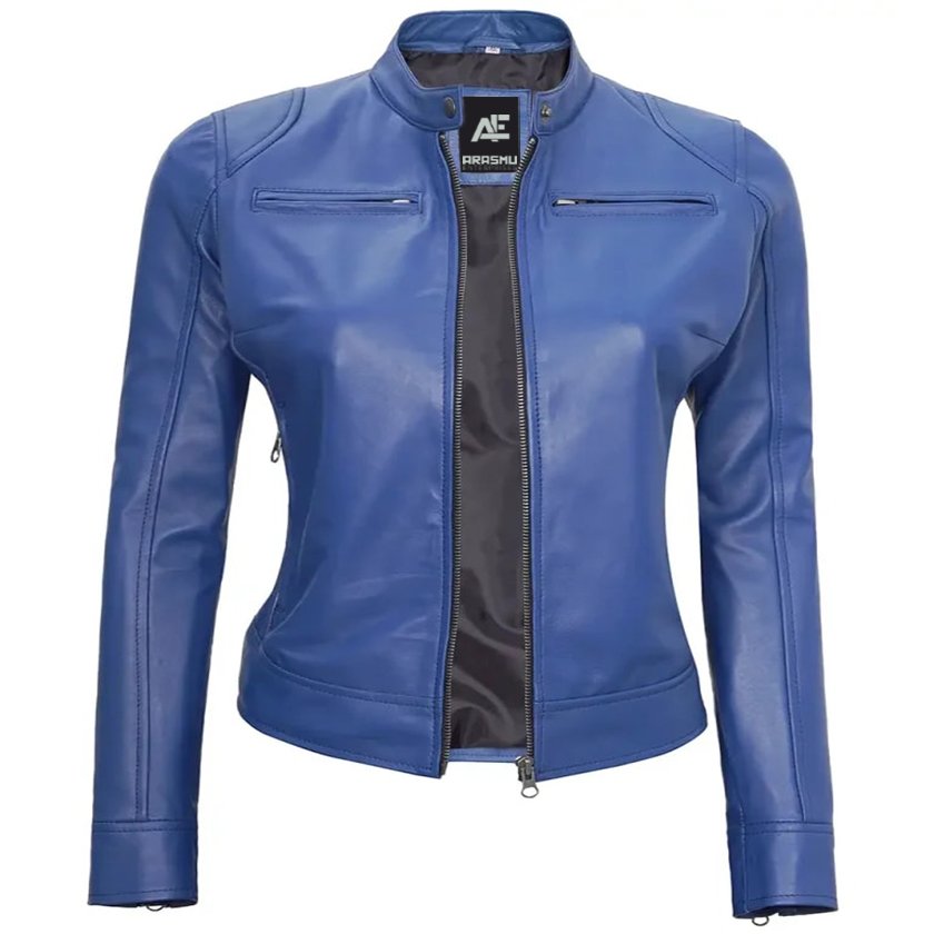 .Motorcycle Rides and Urban Chic (4) Women’s Blue Biker Racer Leather Jacket – Rev Up Your Style - Image 1