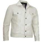 Off White Leather Trucker Jacket For Men - Image 2