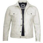 Off White Leather Trucker Jacket For Men