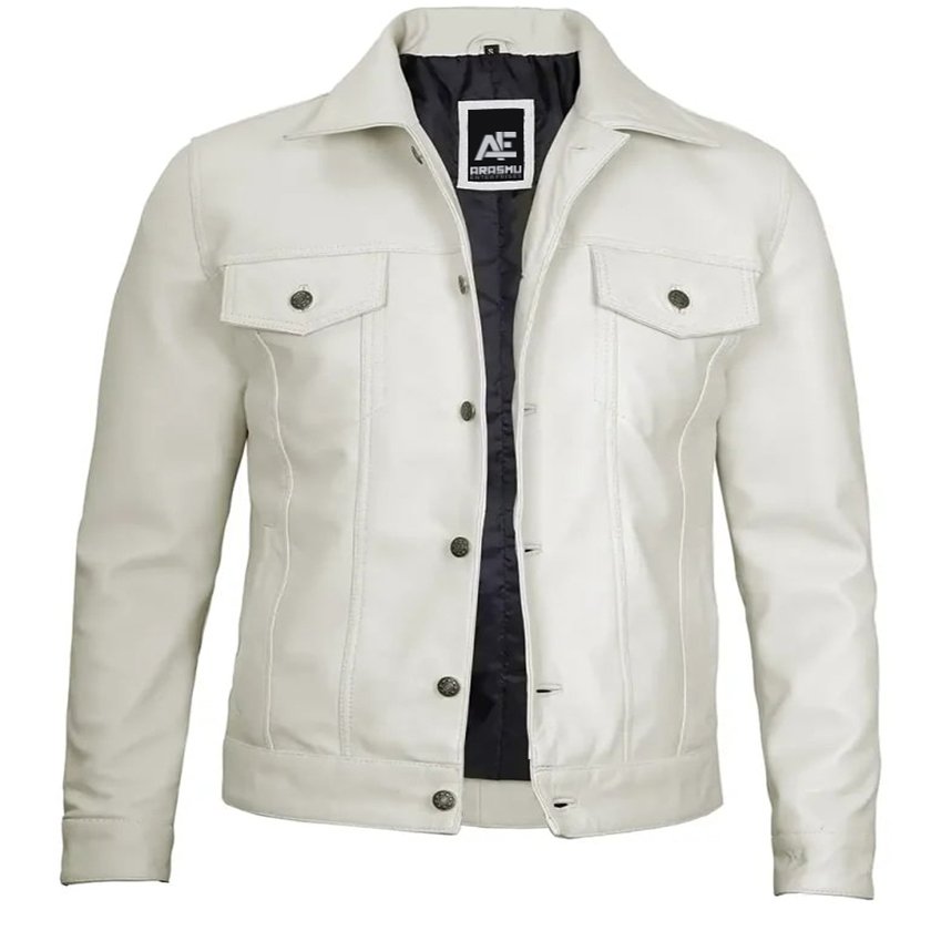 Off White Leather Trucker Jacket For Men (2) Off White Leather Trucker Jacket For Men - Image 1