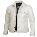 Off White Leather Trucker Jacket For Men - Image 3