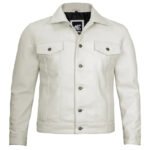 Off White Leather Trucker Jacket For Men - Image 4