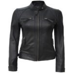 Quilted Pattern Black Moto Leather Jacket For Women