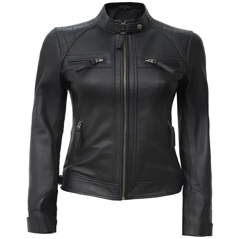 Quilted Biker Leather Jacket For Women (2) copy Quilted Pattern Black Moto Leather Jacket For Women - Image 1