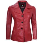 Red Three Button Leather Blazer For Women