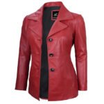 Red Three Button Leather Blazer For Women - Image 2