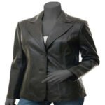 Two Button Black Leather Blazer For Women