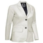 Two Button Notch Lapel Off White Leather Blazer - Image 2