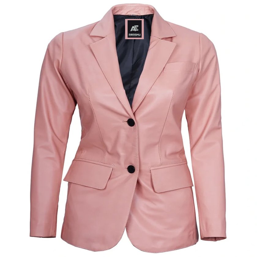 Two Button Pink Leather Blazer For Women Notch Lapel (4) Two Button Pink Leather Blazer For Women Notch Lapel - Image 1