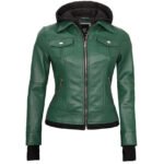 Women’s Green Leather Bomber Jacket