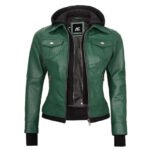 Women’s Green Leather Bomber Jacket - Image 2