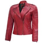 Women’s Motorcycle Red Leather Jacket - Image 4