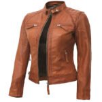 Tan Biker Leather Jacket For Women - Image 2