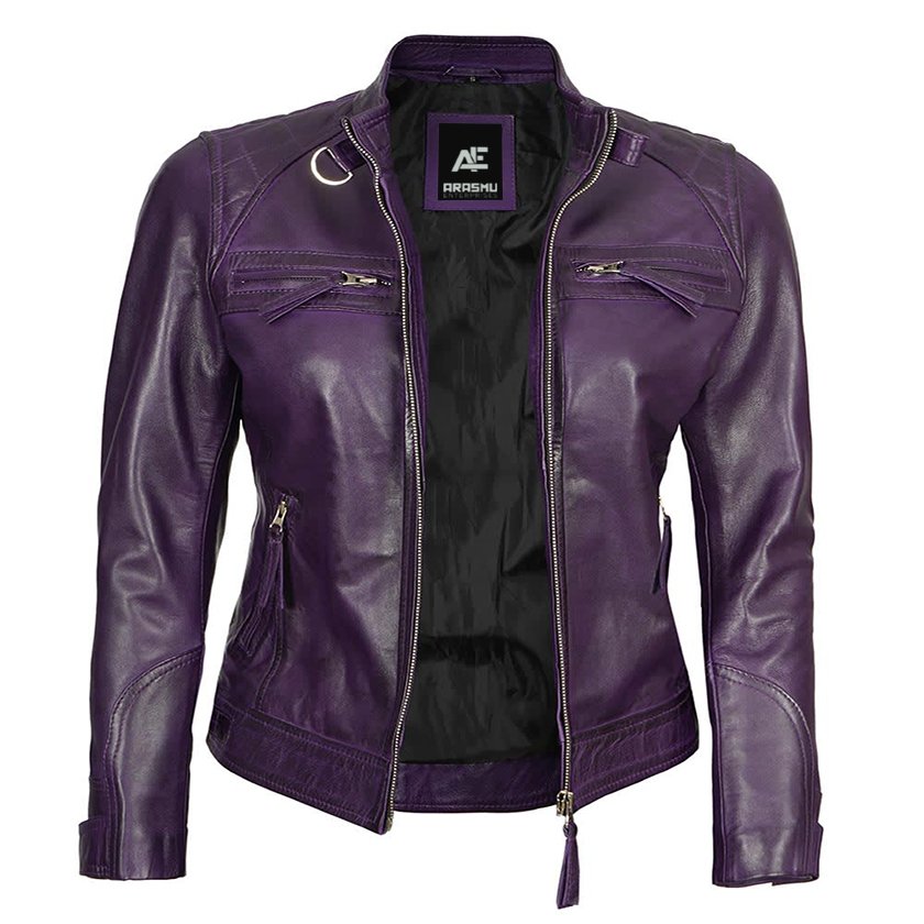 cafe racer biker jacket for women (1) copy Purple Leather Biker Jacket For Women - Image 1