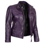 Purple Leather Biker Jacket For Women - Image 5