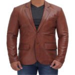 Two Button Tan Leather Blazer For Men