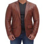 Two Button Tan Leather Blazer For Men - Image 4
